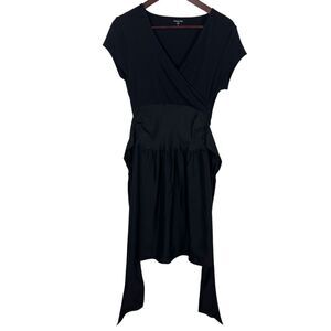 Garnet Hill Tie Waist V-Neck Black Silk Contrast Dress Women's XS Pockets